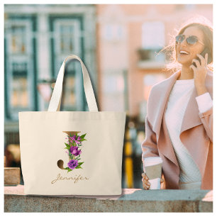 Letter J Elegant Floral Gold Monogram Large Tote Bag