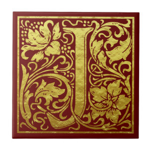 Letter J First Letter Faux Gold Red Tile