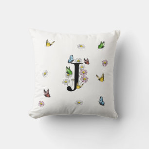 Letter J Floral Butterfly Monogram Initial Throw Pillow