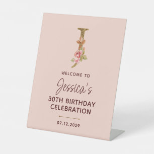 Letter J Gold Monogram Blush Pink Roses Sign