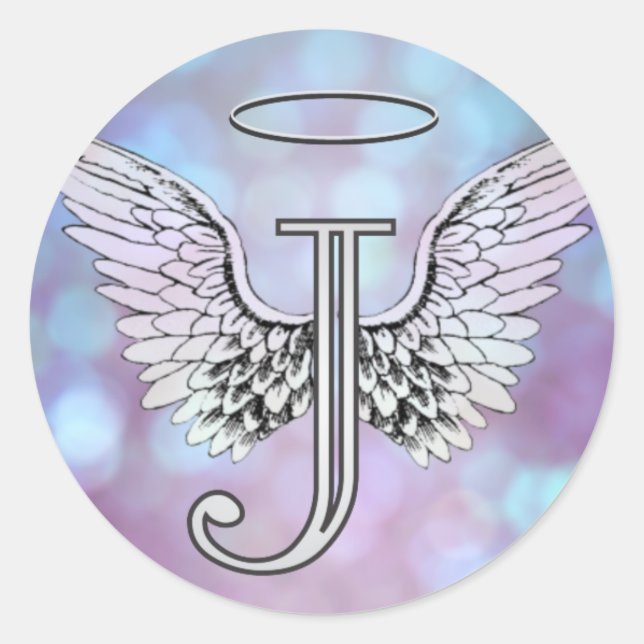 Letter J Initial Monogram Angel Wings & Halo Classic Round Sticker (Front)