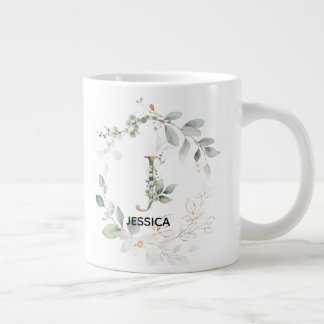 Letter 'J' Initial Monogram Greenery Wreath w Name Large Coffee Mug