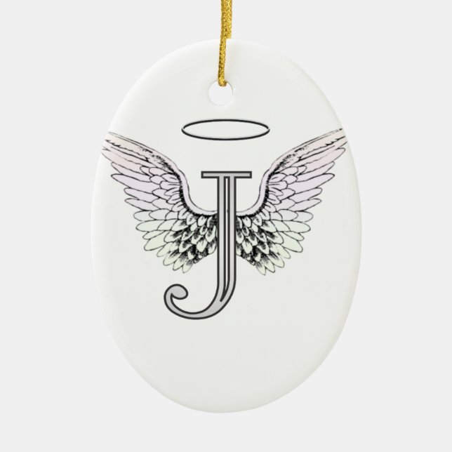 Letter J Initial Monogram with Angel Wings & Halo Ceramic Ornament (Front)