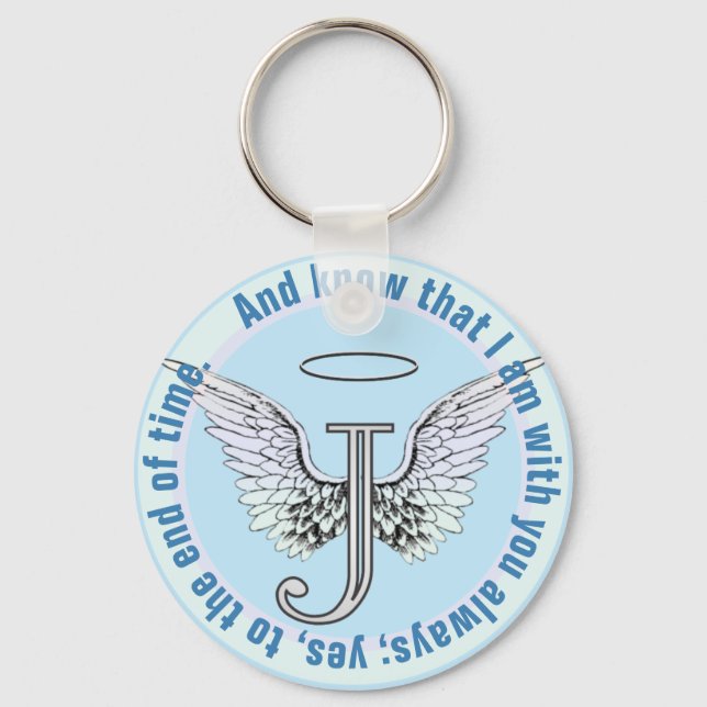 Letter J Initial Monogram with Angel Wings & Halo Keychain (Front)