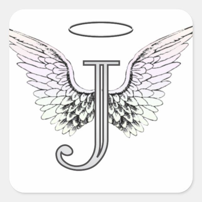 Letter J Initial Monogram with Angel Wings & Halo Square Sticker (Front)