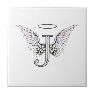 Letter J Initial Monogram with Angel Wings & Halo Tile