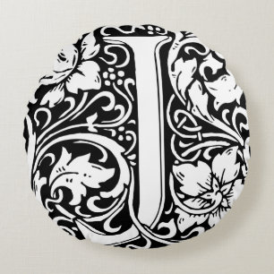 Letter J Medieval Monogram Vintage Initial Round Pillow