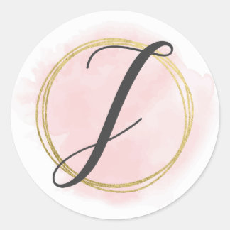 Letter J Monogram Blush Pink Watercolor Gold Chic Classic Round Sticker