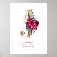 Letter J Monogram Floral Burgundy Red and Gold