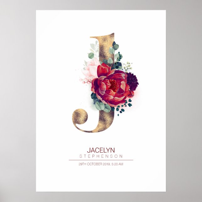 Letter J Monogram Floral Burgundy Red and Gold Poster (Front)