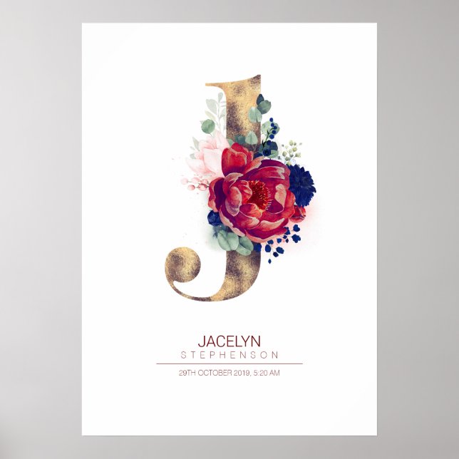 Letter J Monogram Floral Navy Blue and Burgundy Poster (Front)