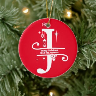 Letter J Monogram Initial Family Name Greeting Ceramic Ornament