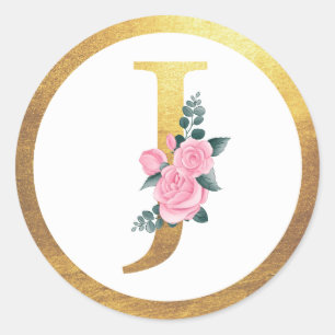 Letter J Monogram Pink Roses Floral & Elegant Gold Classic Round Sticker