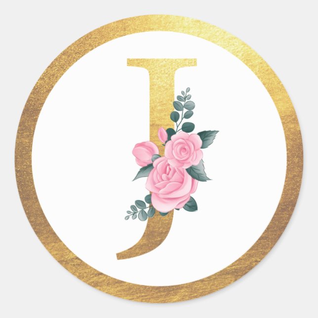 Letter J Monogram Pink Roses Floral & Elegant Gold Classic Round Sticker (Front)