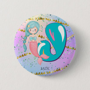 Letter J Monogram Watercolor Cute Mermaid Nursery 2 Inch Round Button