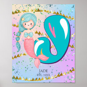 Letter J Monogram Watercolor Cute Mermaid Nursery Poster