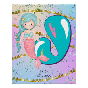 Letter J Monogram Watercolor Cute Mermaid Nursery Poster