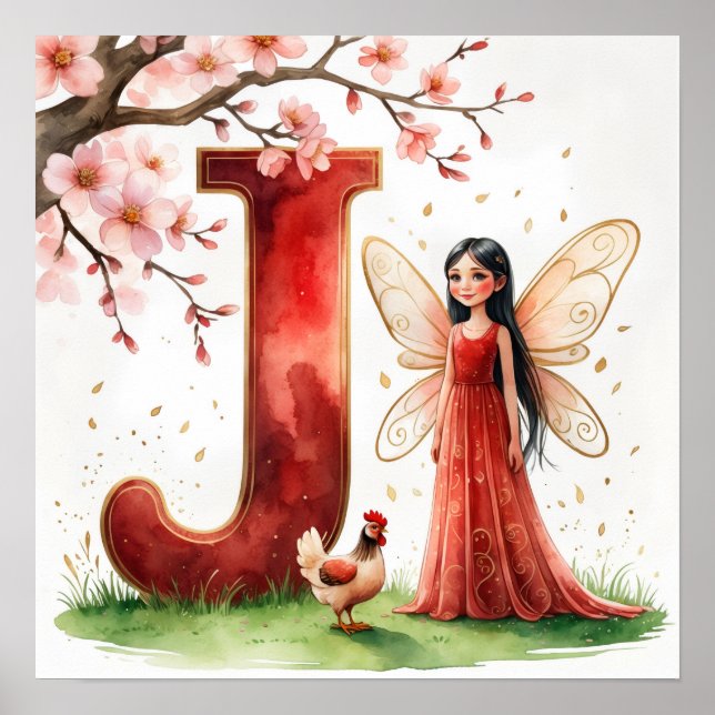 Letter J Rooster Cherry Blossom Fairy Poster Art (Front)