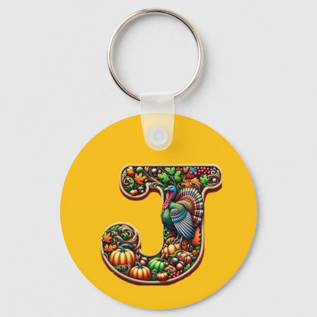 Letter J Thanksgiving style gift  Keychain (Front)