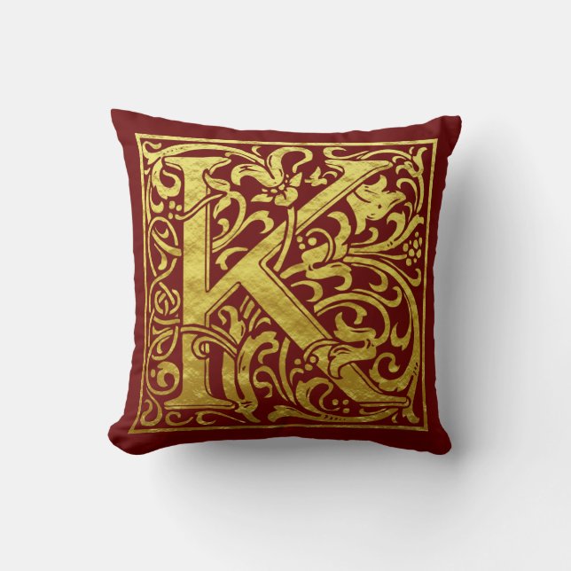 Letter K First Letter Faux Gold and Red Throw Pillow (Front)