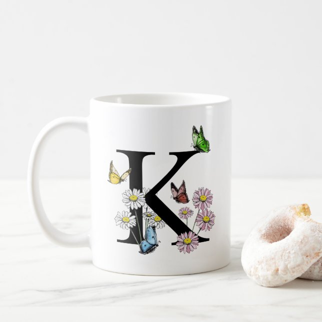 Letter K Floral Watercolor Butterfly Monogram Coffee Mug (With Donut)