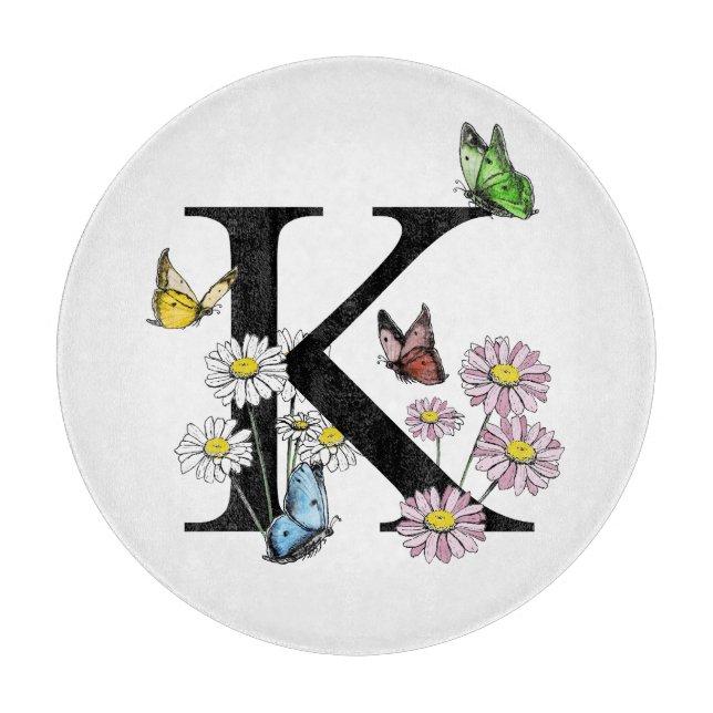 Letter K Floral Watercolor Butterfly Monogram Cutting Board (Front)