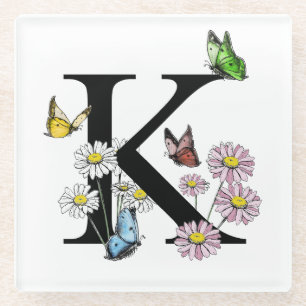 Letter K Floral Watercolor Butterfly Monogram Glass Coaster