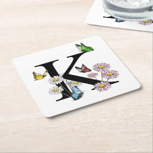 Letter K Floral Watercolor Butterfly Monogram Square Paper Coaster