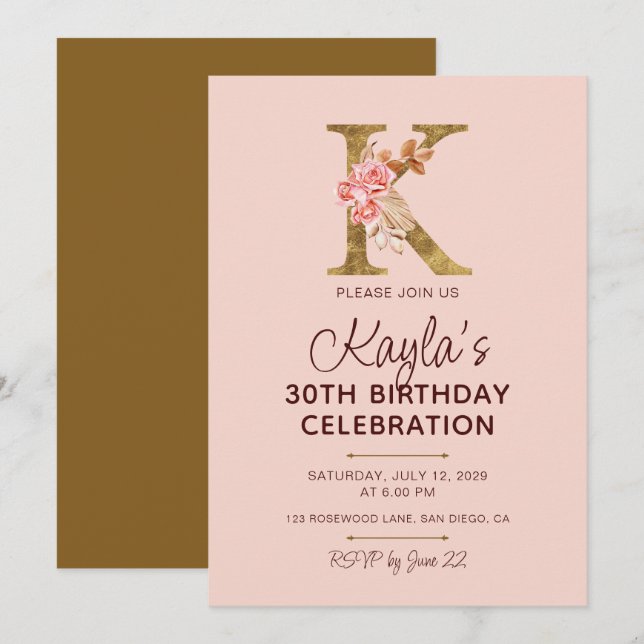 Letter K Gold Monogram Blush Pink Roses Invitation (Front/Back)