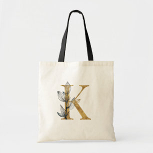 *~* Letter K Gold Monogram Initial Black Leaves Tote Bag