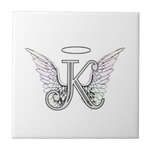 Letter K Initial Monogram with Angel Wings & Halo Tile
