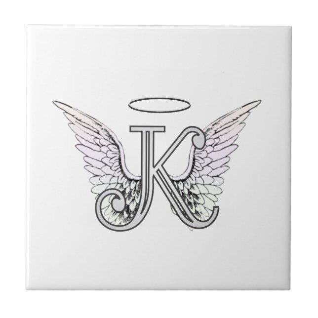 Letter K Initial Monogram with Angel Wings & Halo Tile (Front)