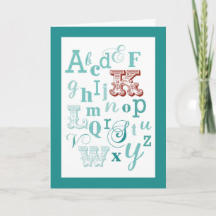 Letter K Initial Name Alphabet Birthday Teal & Red Card