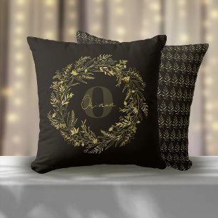 Letter K Kindred Leaf Gold Monogram Throw Pillow