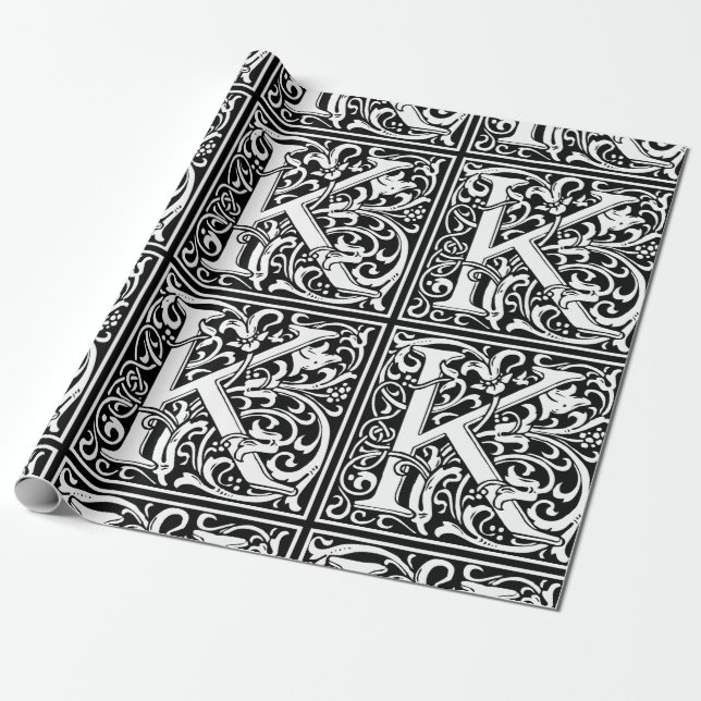 Letter K Medieval Monogram Art Nouveau Wrapping Paper (Unrolled)