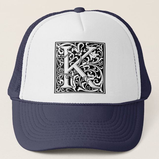 Letter K Medieval Monogram Vintage Initial Trucker Hat (Front)