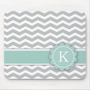Letter K Mint Monogram Grey Chevron Mouse Pad