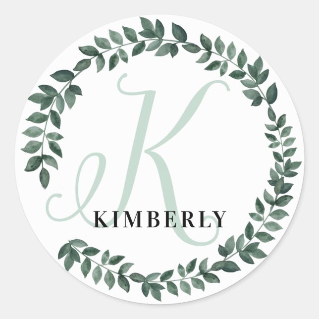 Letter K Monogram Custom Name Minimalist Botanical Classic Round Sticker (Front)