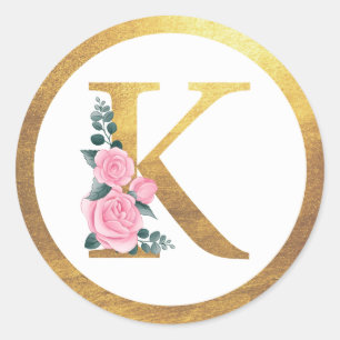 Letter K Monogram Pink Roses Floral & Elegant Gold Classic Round Sticker
