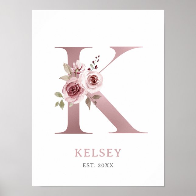 Letter K Monogram Watercolor Rose Florals Nursery  Poster (Front)