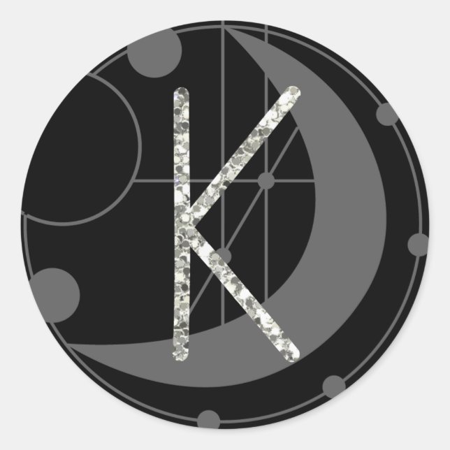 Letter K Rune Runic Monogram Geometric Moon Black Classic Round Sticker (Front)