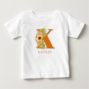 Letter K Sunflower Floral Monogram with Name Baby T-Shirt