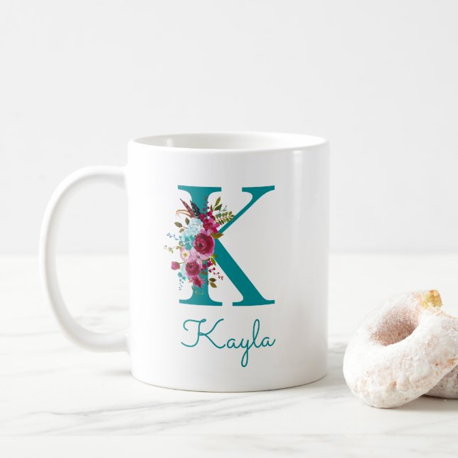 Letter K Teal Pink Floral Coffee Mug (With Donut)