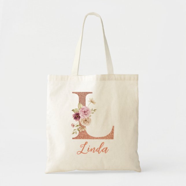 Letter L Blush pink Glitter Floral Monogram  Tote Bag (Front)