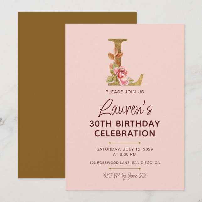 Letter L Gold Monogram Blush Pink Roses Invitation (Front/Back)