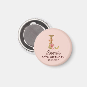 Letter L Gold Monogram Blush Pink Roses Magnet