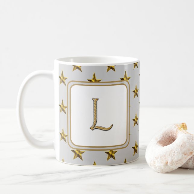 Letter L Gold Silver Stars Accent Monogram Initial Coffee Mug (With Donut)
