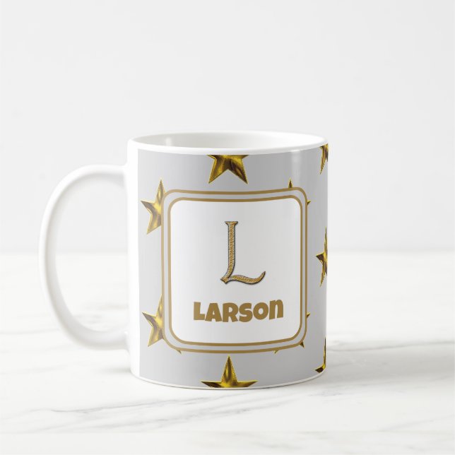 Letter L Gold Silver Stars Accent Monogram Initial Coffee Mug (Left)