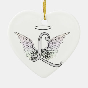 Letter L Initial Monogram with Angel Wings & Halo Ceramic Ornament