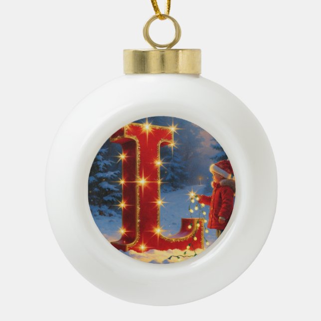 Letter L Lights Personalized Monogram Holiday Gift Ceramic Ball Christmas Ornament (Front)
